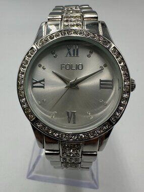 3/$30 Folio Watch Women Silver Tone Crystal Bezel Round Dial 31MM 7.5 Inch
